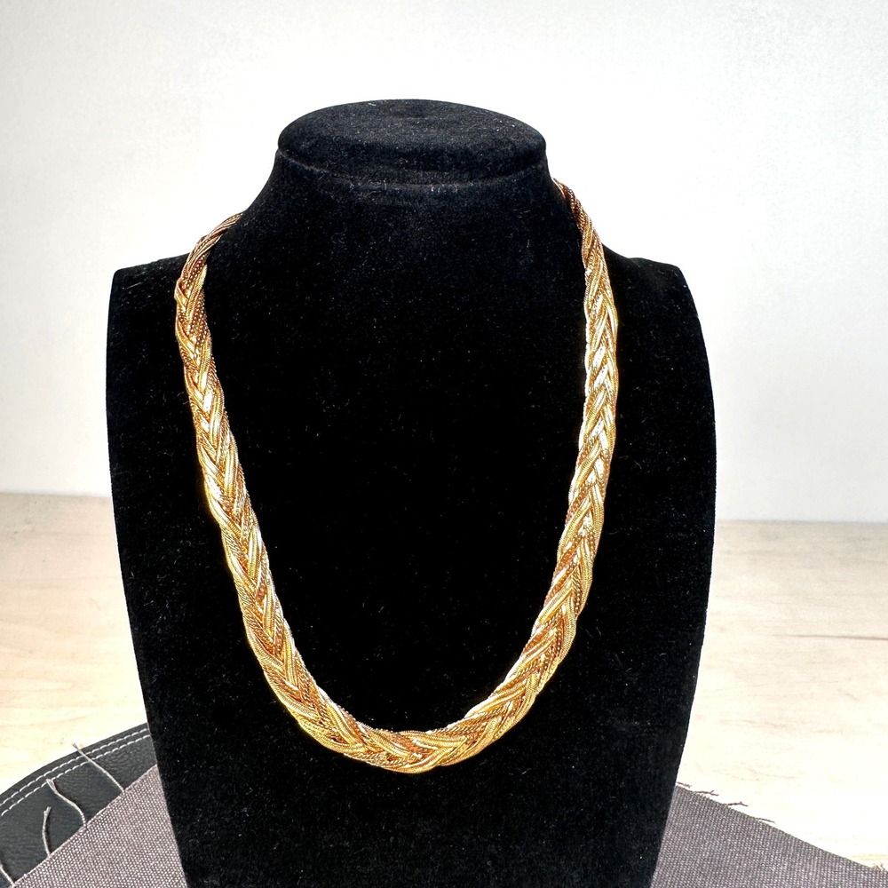 Vintage Signed Monet Gold Tone Braided Multi-Strand Herringbone Necklace 16